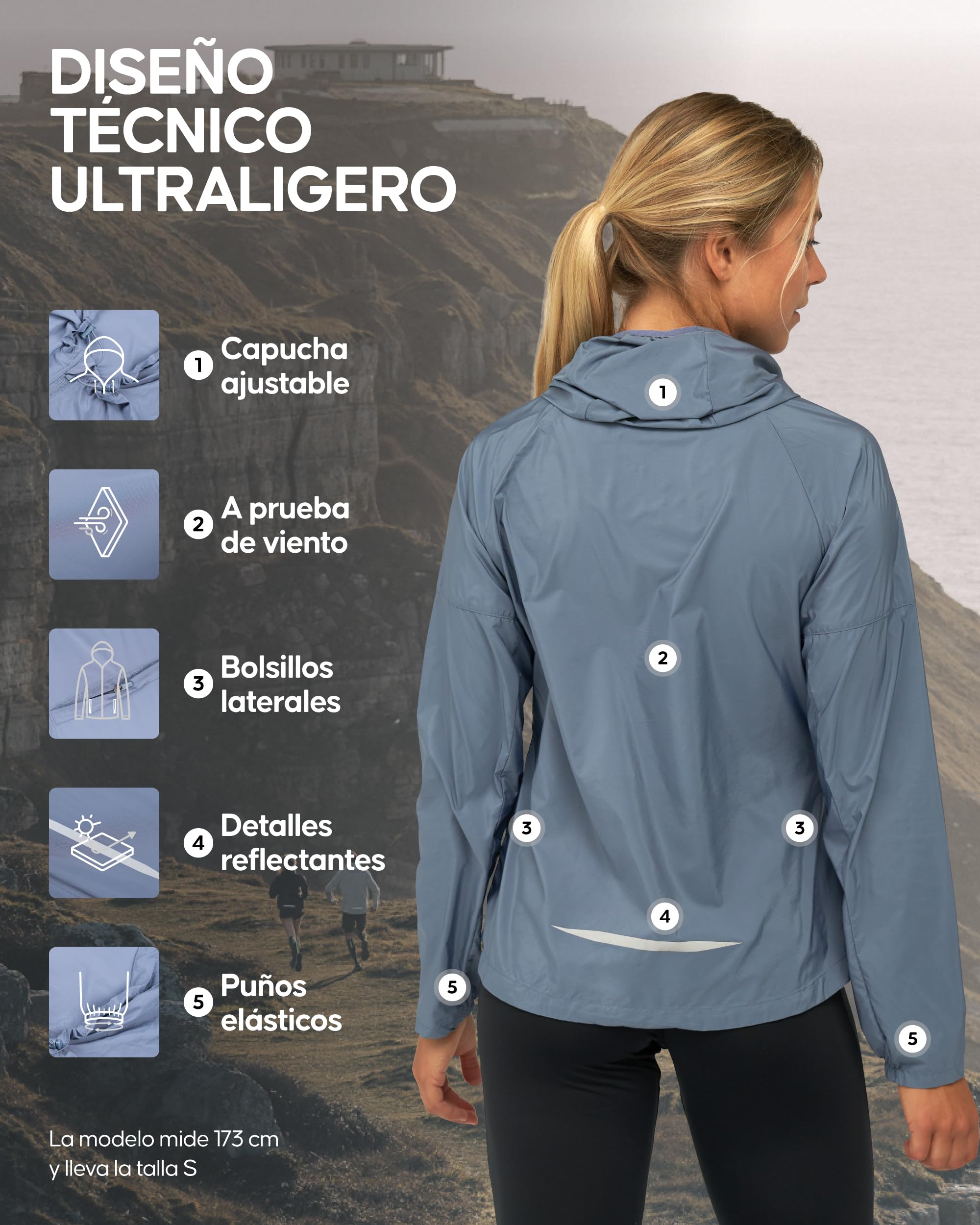 DANISH ENDURANCE Cortavientos Para Mujer, Chaqueta Deportiva Ligera con Capucha Ajustable, Puños Elásticos