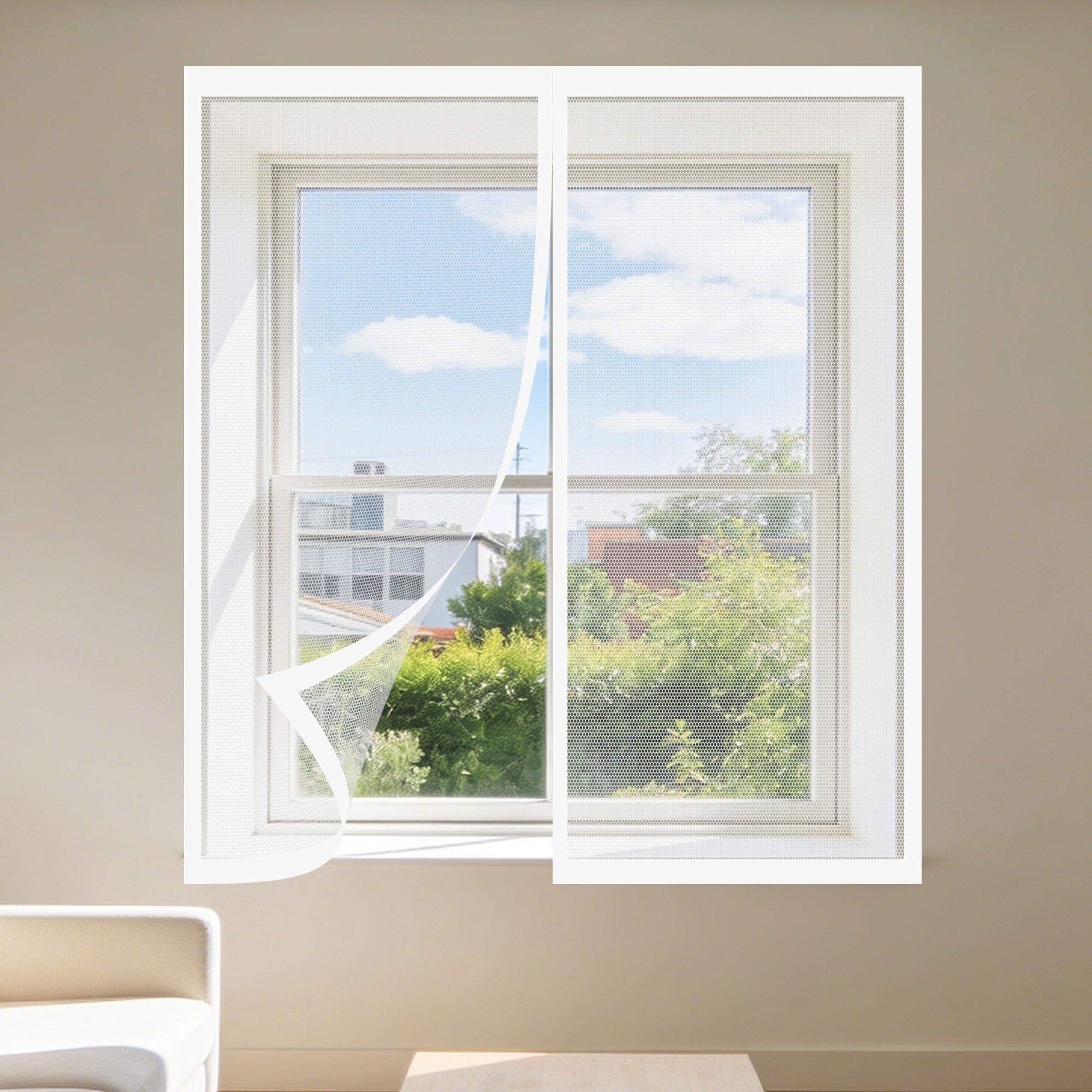 Window Fly Screen 155 x 130 cm with Selfadhesive Selfadhesive Window Guard Screen Easy Install for Windows Doors and Patio Screens, White