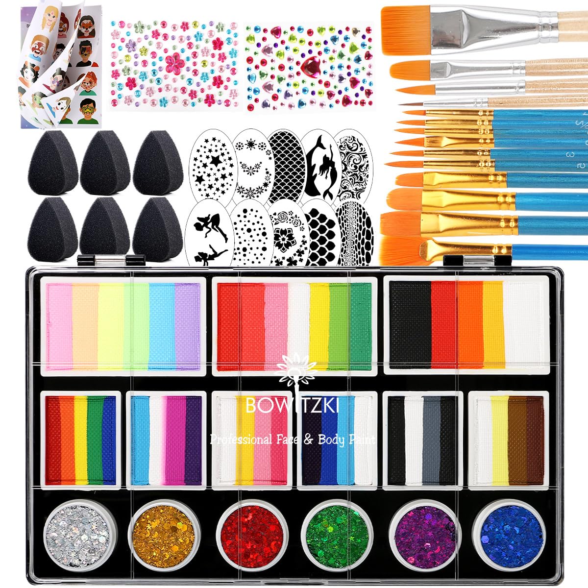 Bowitzki Split Cake Face Paint Kit with Glittle 18 Colors Professional Body Painting Set Stencil One Stroke Non Toxic Rainbow Flora Dolphin Unicorn Flame Makeup Christmas Easter - Classic Color