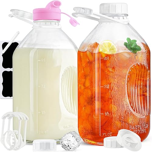 2 Pack 1/2 Gallon Glass Milk Bottles with Airtight Screw Lid & Handle & Spout - 2 Qt Heavy Duty Glass Water Bottles - Breastmilk Jug Pitcher with Scale Lines, Milk Container for Refrigerator Storage