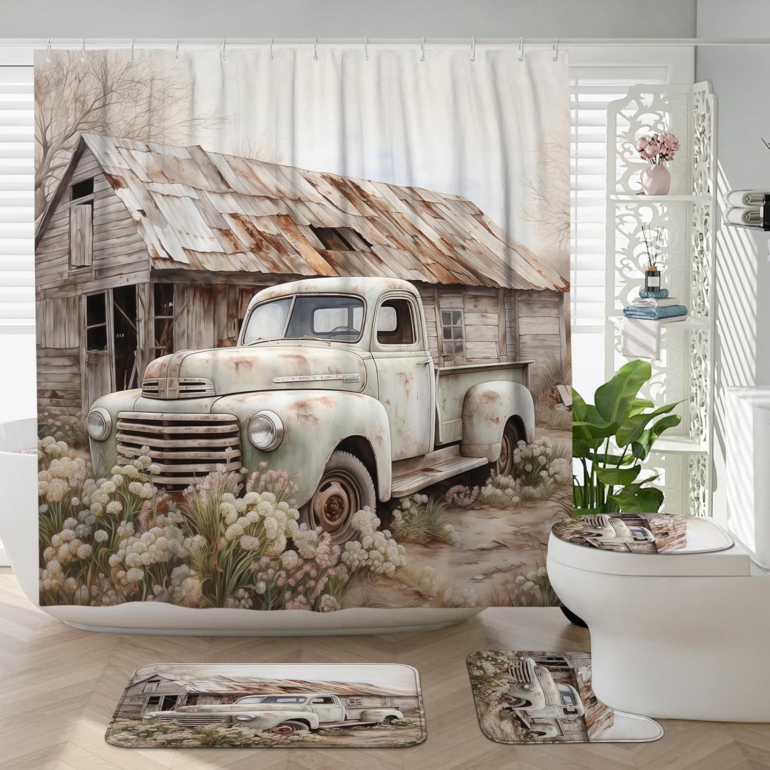 4Pcs Rustic Country Truck Shower Curtain Sets with Non-Slip Rug, U Shape and Toilet Lid Cover Mat, Farmhouse Home Bathroom Decor Set Accessories with 12 Hooks, 72 x 72 Inch