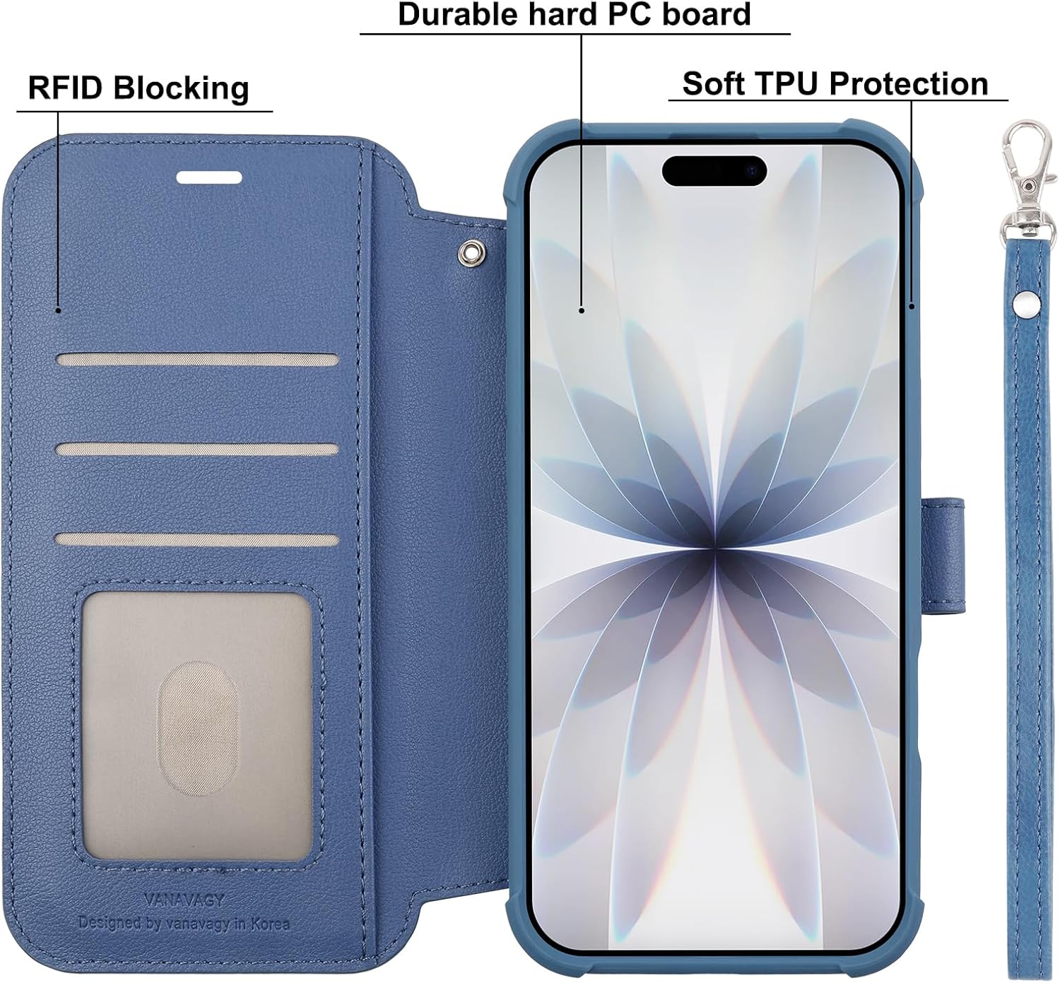 VANAVAGY Compatible for iPhone 17 Wallet Case for Magsafe Wireless Charging, PU Leather Flip Folio Shockproof Phone Cover with Wrist Strap RFID Blocking Card Holder [Screen Protector],Blue