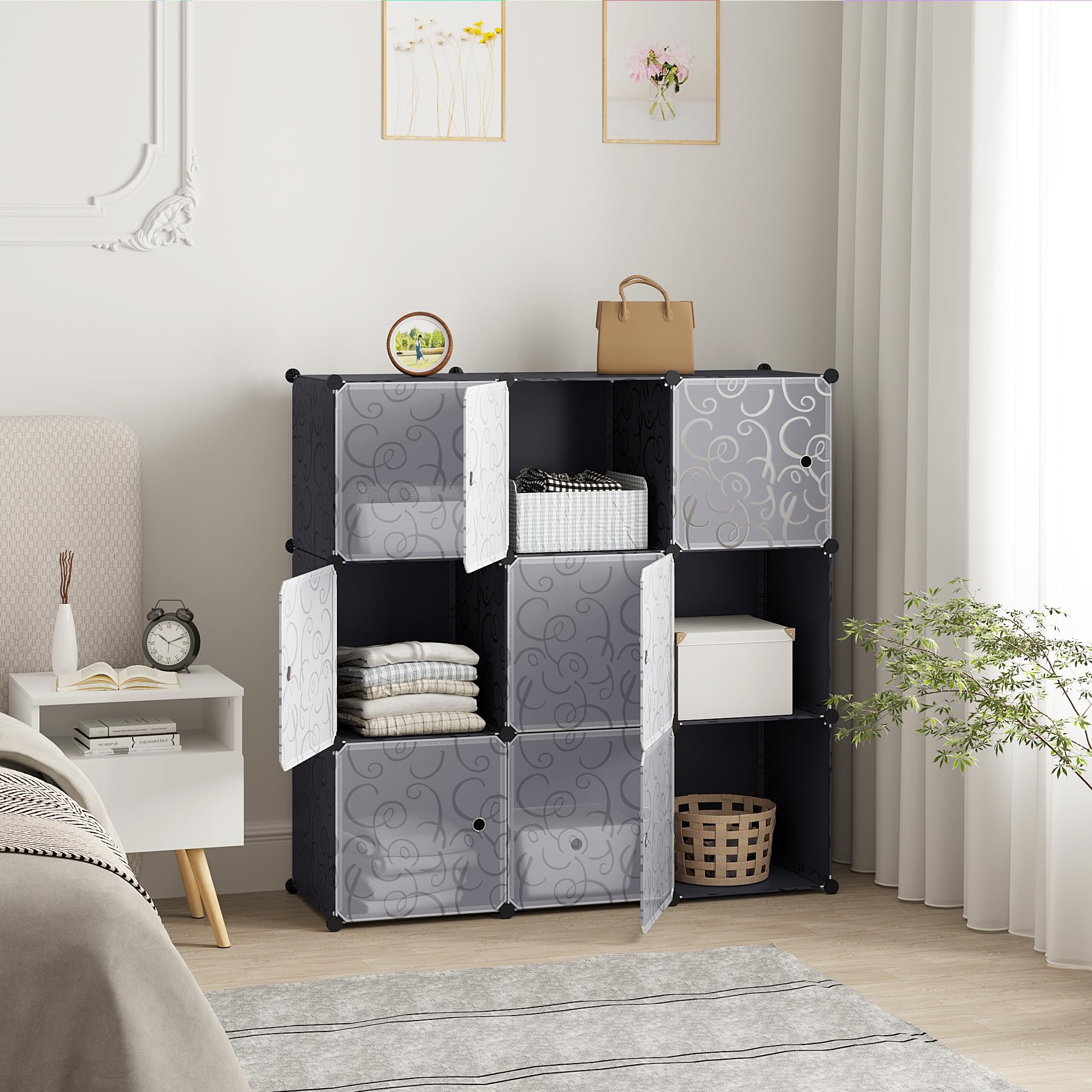 WOLTU DIY Armoire Plastique Chambre Faite de modules avec Porte pour Le Stockage de vêtements, Accessoires, Jouets, Livres,Chaussures,9 Cubes,Noir SR0055sz