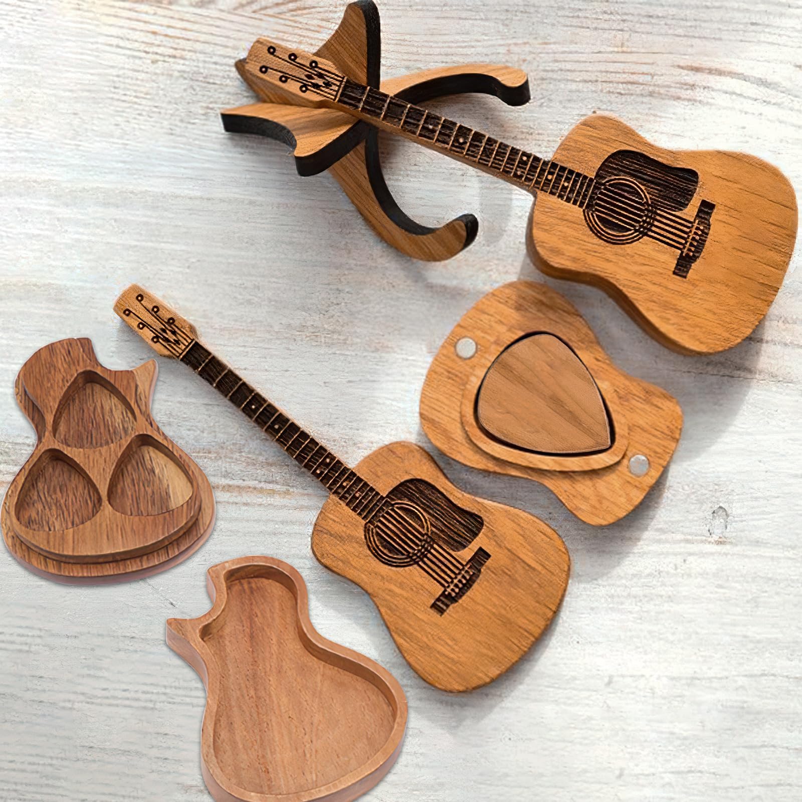 NAESM Wooden Guitar Pick Box with Stand, 6 Pcs Unique Guitar Picks, Musician Engraved Wooden Plectrum Case - Image 3