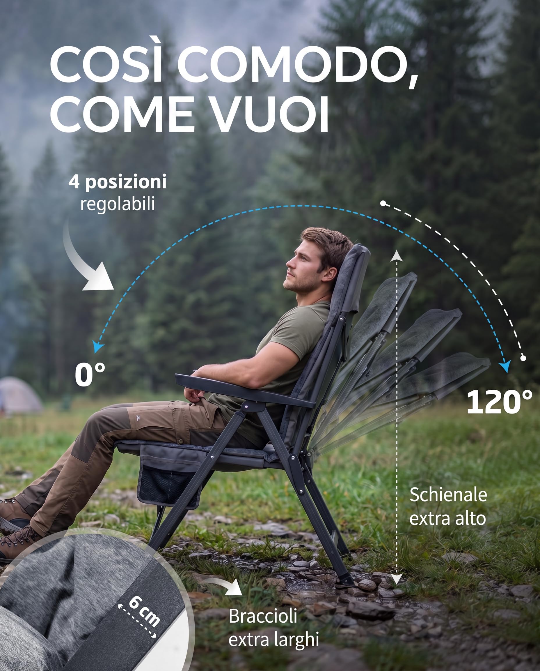 NORDMUT® Sedia da campeggio premium pieghevole con schienale alto – regolabile in 4 posizioni – Comoda sedia da giardino con portata 140 kg per campeggio e outdoor (Grigio cenere 1x)