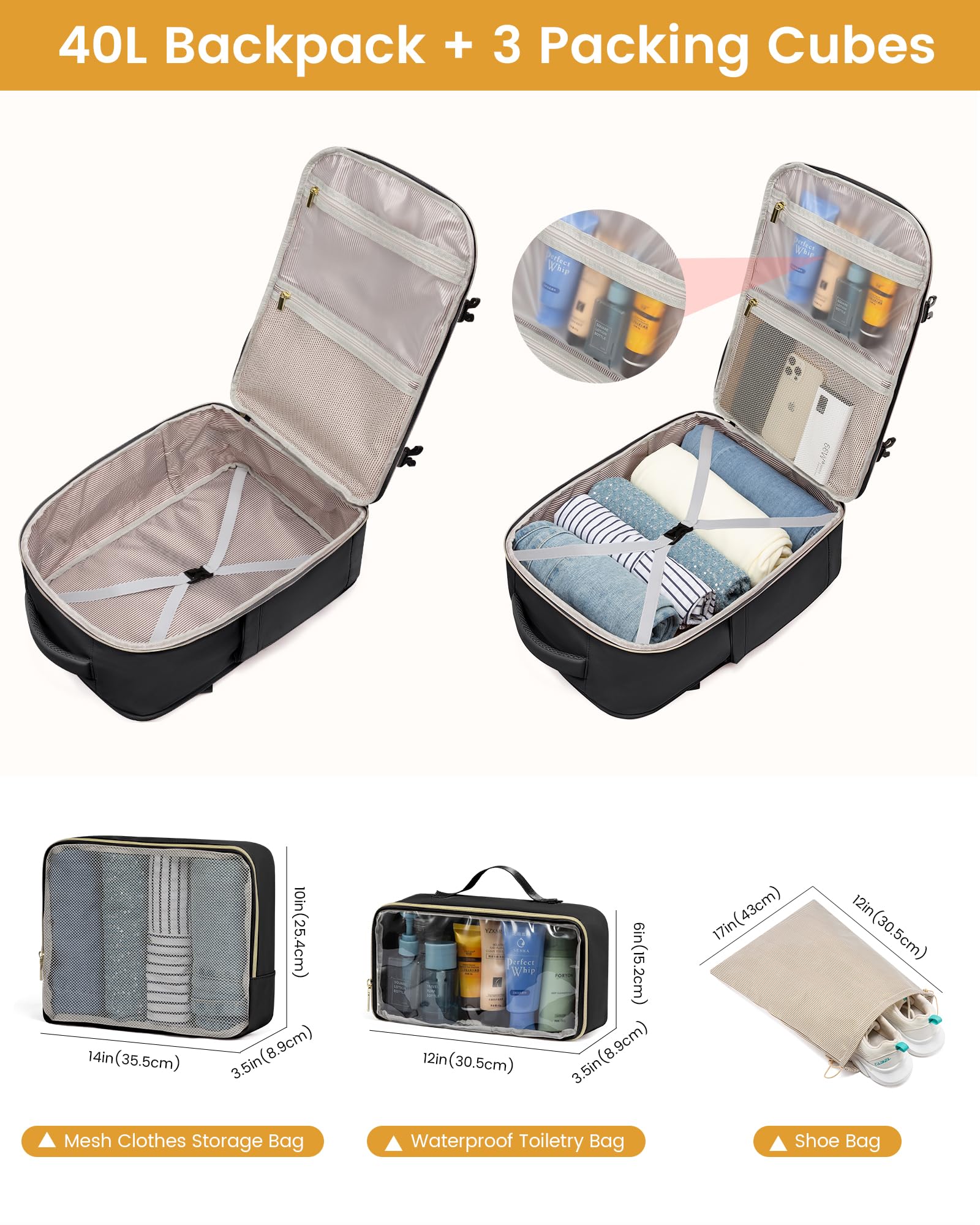 LOVEVOOK Zaino da Viaggio Aereo Bagaglio a Mano, Impermeabile Zaini Trolley Donna 40L Cabin Max per Ryanair Easyjet 45x33x20, Grande Zaino Porta PC 17 Pollici Valigia Borsa a Zainetto, Nero