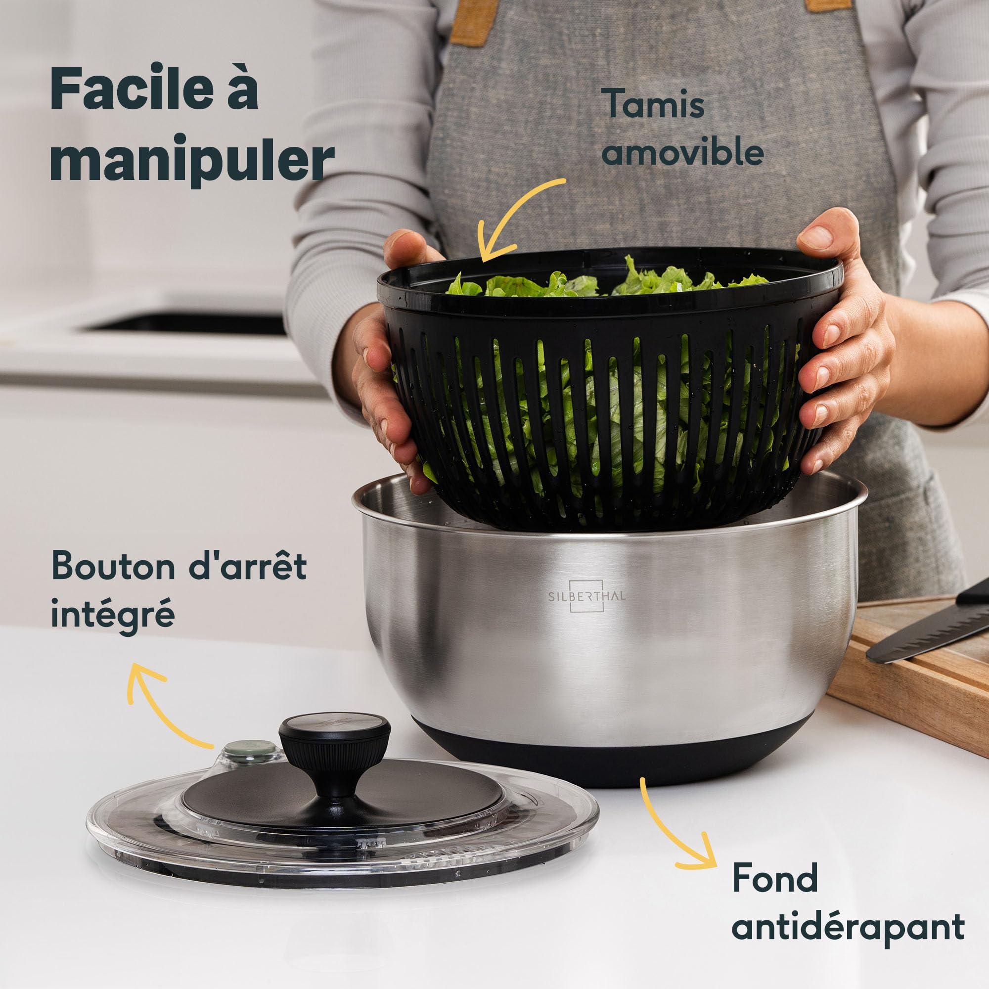 SILBERTHAL Essoreuse à Salade en Acier Inoxydable avec Couvercle de 4,5 l et Fond antidérapant – Spinner à Salade avec manivelle et Bouton d'arrêt – sans BPA et Passe au Lave-Vaisselle