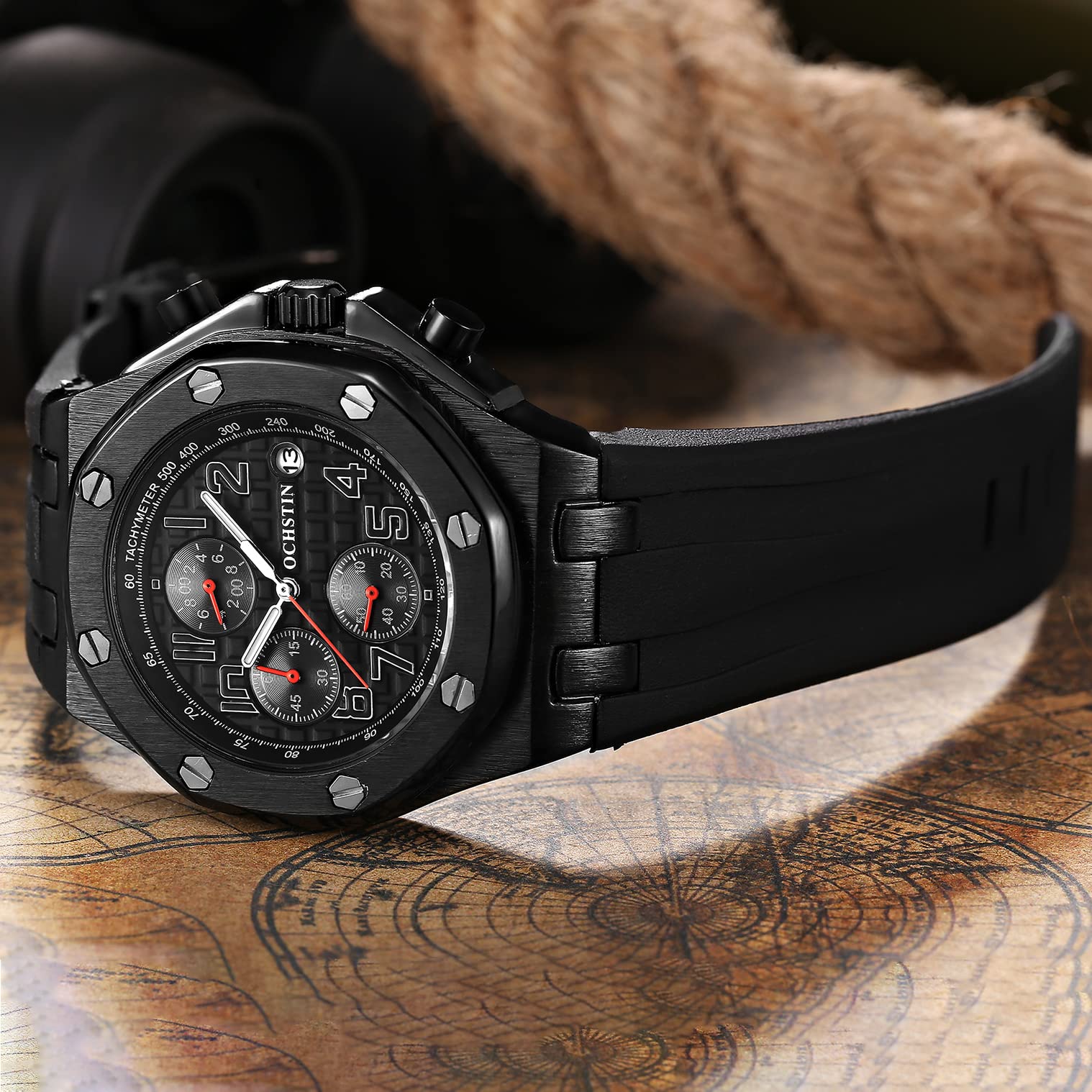 TEINTOP Ochstin Precision Chronograph męski zegarek biznesowy męski ośmiokątne zegarki, Czarny pomarańczowy, Klasyczny