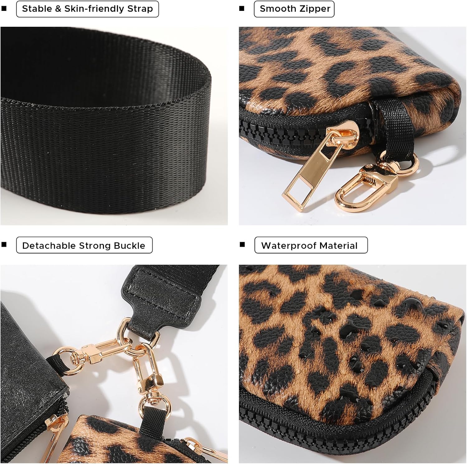 Mini Zip Around Wristlet Wallet for Women - Dual Pouch Keychain Coin Purse, Faux Leather Portable Small Purse with Detachable Strap, Cute Wristlet Wallet for Women (Black+Leopard) - Image 7