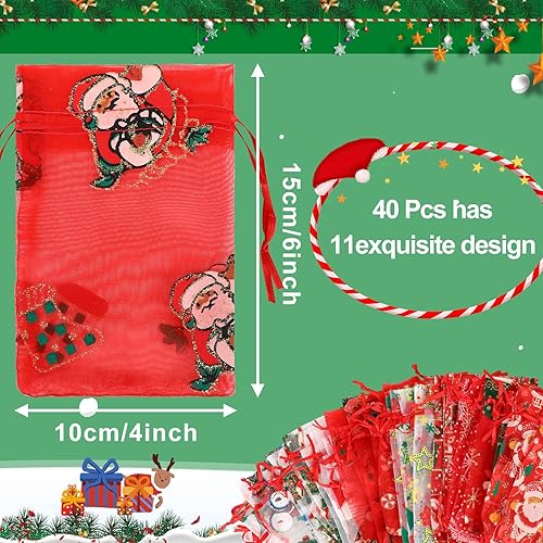 Miniatura 2 de DTOFOOT Bolsas de organza de Navidad, bolsas de regalo para joyas, 40 bolsas pequeñas de Navidad de 4 x 6 pulgadas, bolsas de organza con cordón de