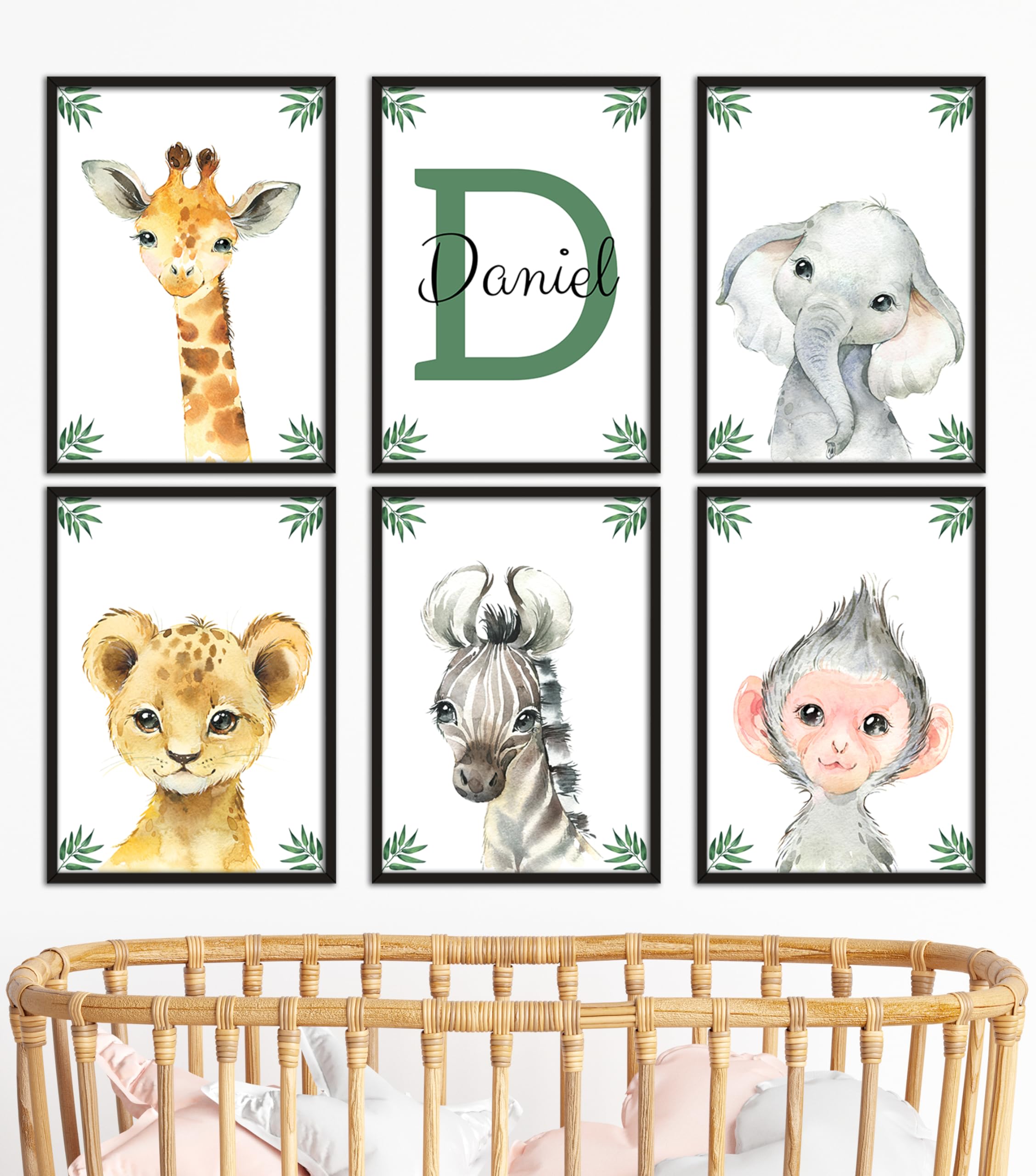 Safari Animals Jungle Leaves Boy or Girl Nursery Bedroom Unframed Prints Set of 6, Personalised Name Wall Art Decor New Baby Gift Present Elephant Lion Giraffe Zebra Monkey (A5) — image 1