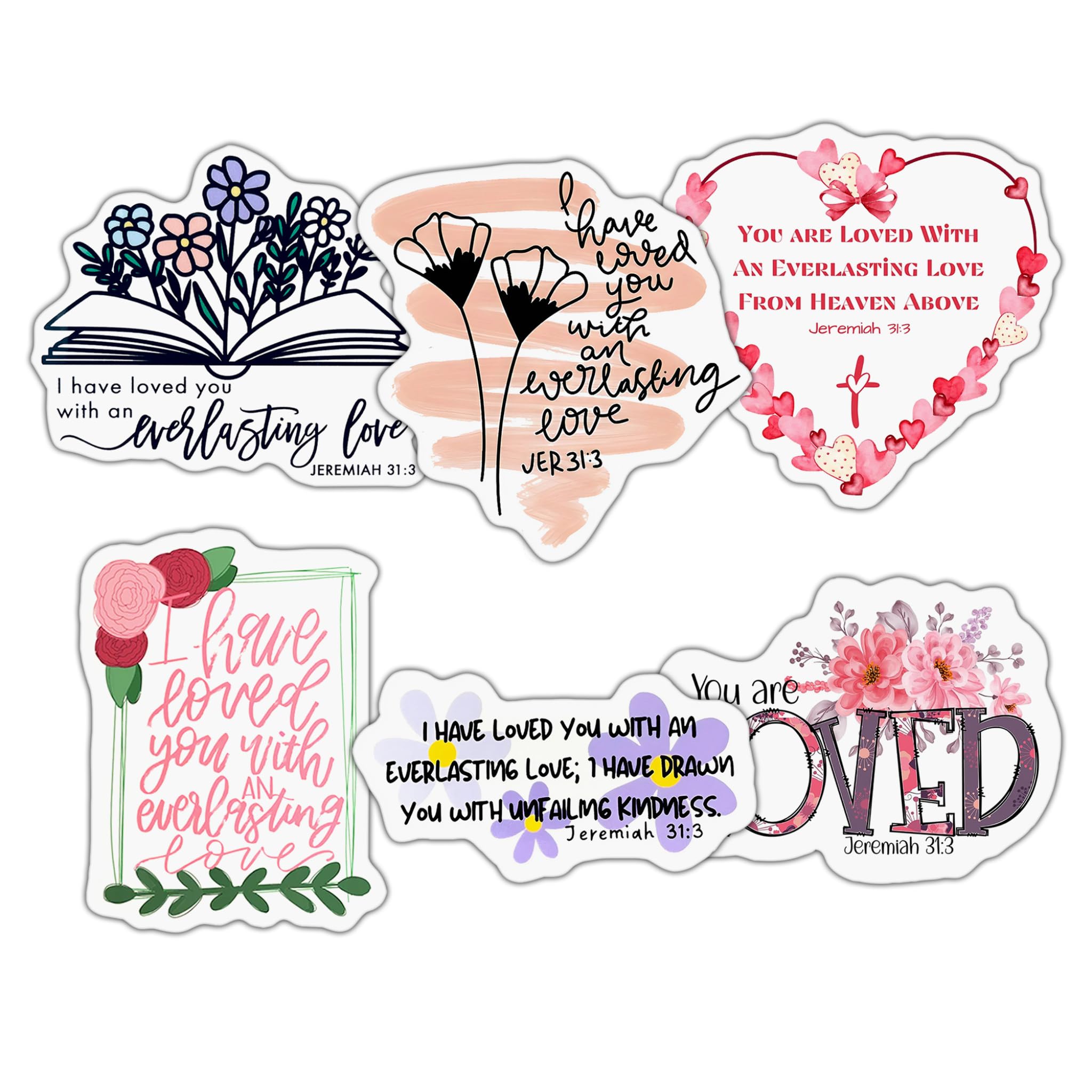 View 1 of (6 PCS) Jeremiah 31 3 I Have Loved You with an Everlasting Love Christian, Bible Verse Sticker Waterproof Vinyl Decal Size 3"