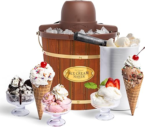 Miniatura 9 de Máquina de helados Nostalgia eléctrica – estilo de salón en cubeta de madera, máquina de helado con servicio de helado suave al estilo antiguo,