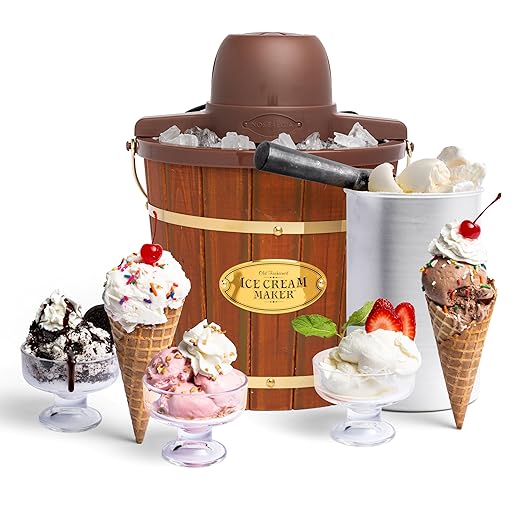 Nostalgia Electric Ice Cream Maker - Old Fashioned Soft Serve Ice Cream Machine Makes Frozen Yogurt or Gelato in Minutes - Fun Kitchen Appliance - Vintage Wooden Style - Dark Wood - 4 Quart