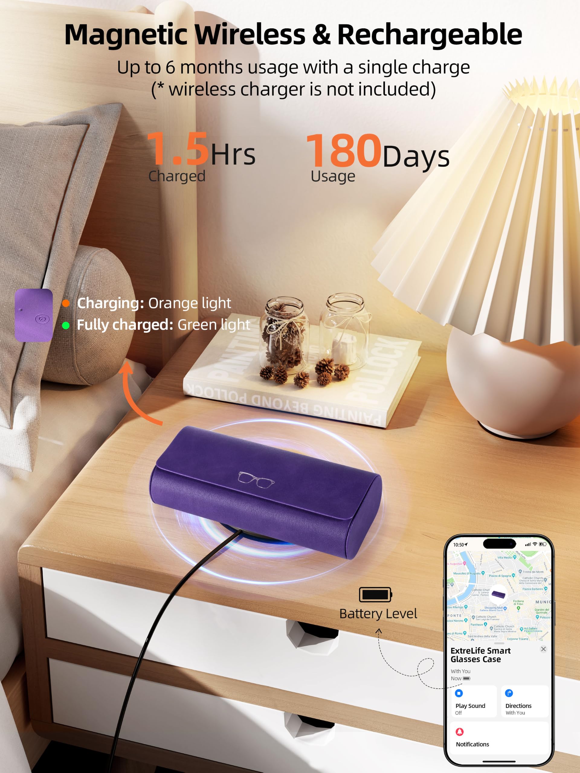 ExtreLife Smart Brillenetui, funktioniert mit Apple Find My, Hartschalen-Sonnenbrillenetui für Damen Herren, Brillenetui mit GPS-Tracker, PU-Leder, Anti-Verlust, wiederaufladbar, elegantes Lila