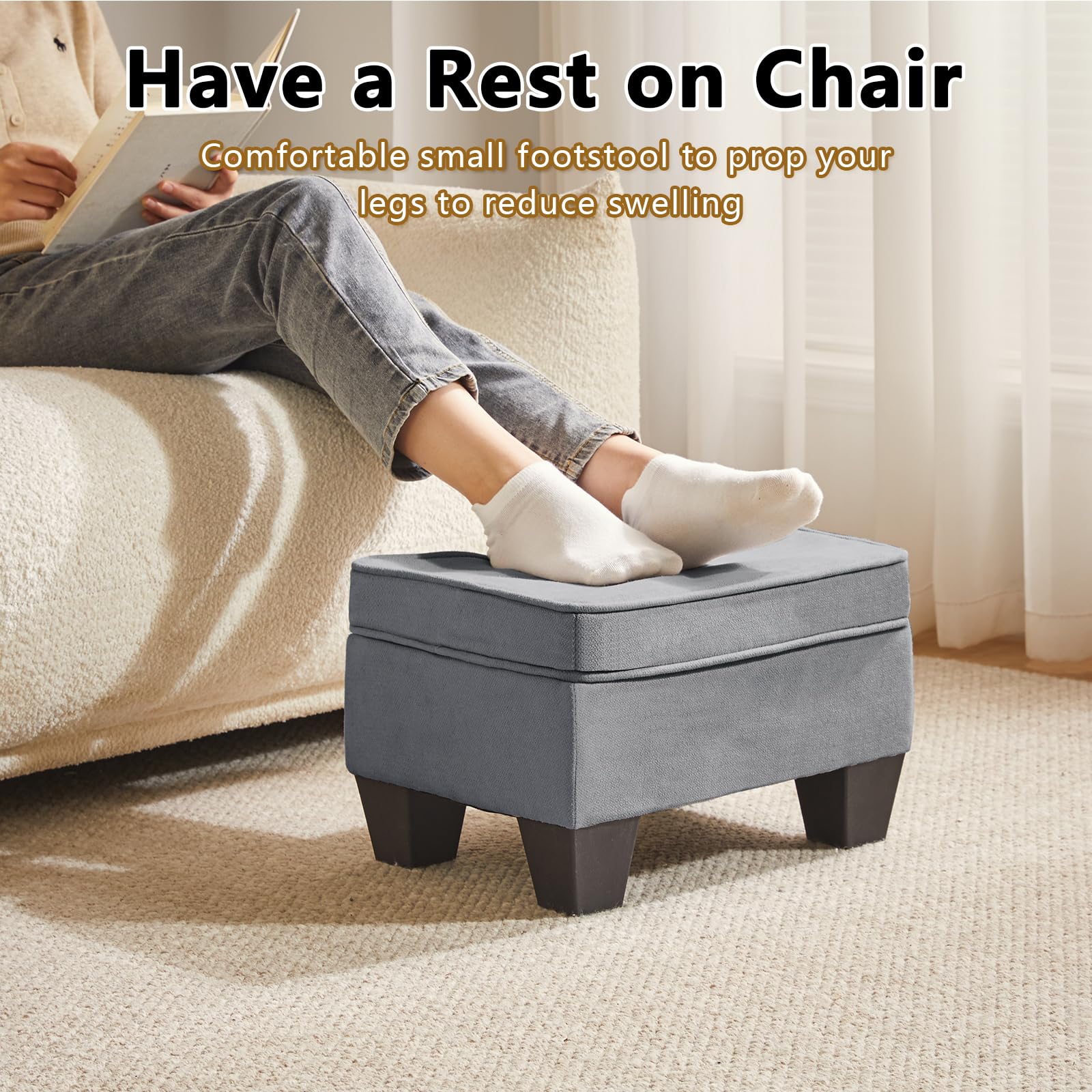 Poggiapiedi Ottomano 16” In Lino - Grigio, Gambe In Metallo, Imbottito Per Camera O Soggiorno - Foto 10