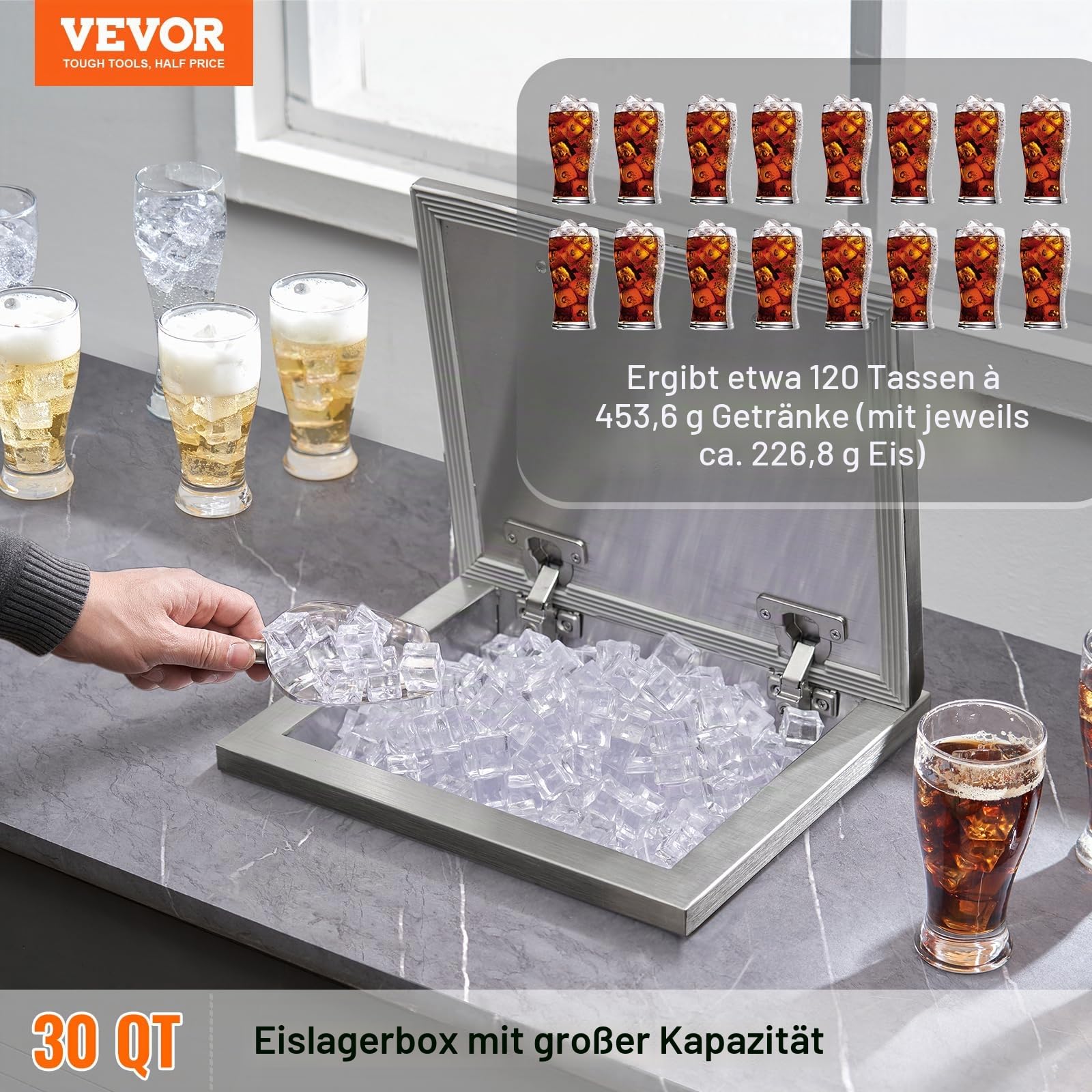 VEVOR Drop-in-Eisbox, 28,52 L Edelstahl-Eiskühler, 355 x 305 x 461 mm Kommerzieller Eisbehälter mit Klappdeckel, Eingebaute Eisspeichertruhe, Abflussrohr und Ablassstopfen im Lieferumfang Enthalten