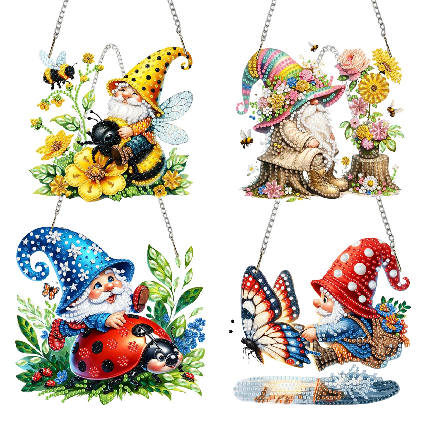 4pcs 5D Diamond Art Painting Hanging Pendant Kit, DIY Window Ornament with Special Shaped Crystals, Wall Art for Home Decor - Craft Gift Diamond Art Kits for Adults(Flower Butterfly Goblin)