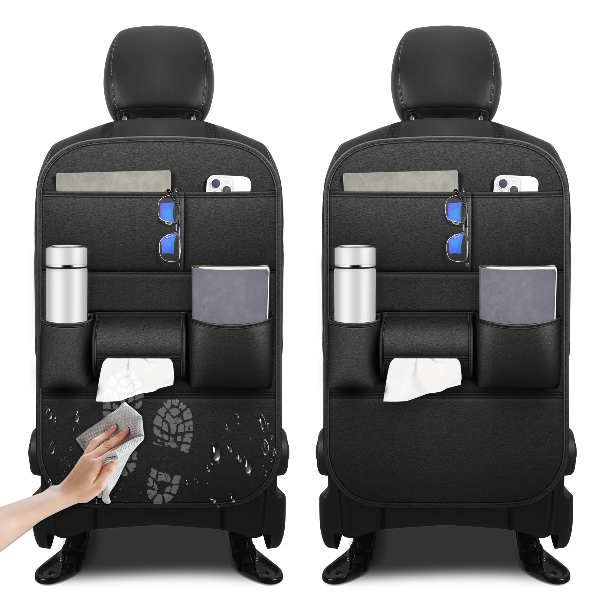 Paquete de 2 protectores de asiento trasero para Ford Explorer con almacenamiento de tazas y pañuelos con organizador de almacenamiento, impermeable, a prueba de suciedad, de piel sintética