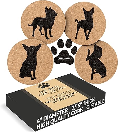 Chihuahua Lovers - Juego de 4 posavasos de corcho para perros con parte inferior protectora, posavasos decorativos de Chihuahua para bebidas, gran