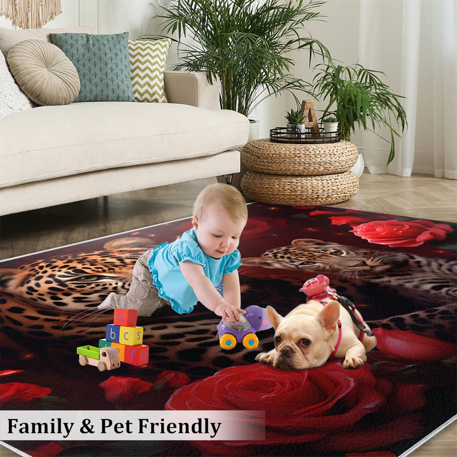 Cheetah Teppiche für Schlafzimmer, 80 x 120 cm, rote Rose, rutschfest, waschbar, Wildtier-Thema, für den Innenbereich, weiche Geräuschreduzierung, 3D-Tiere, Bodendekoration für Kinder
