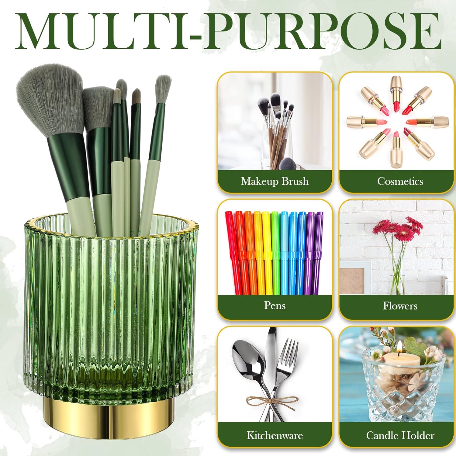 Wesiti 4 Pcs Makeup Brush Holders Organize Glass Makeup Holder Vintage Cosmetic Makeup Storage Holder, Retro Striped Make up Brush Cup for Lipstick (Dark Green)