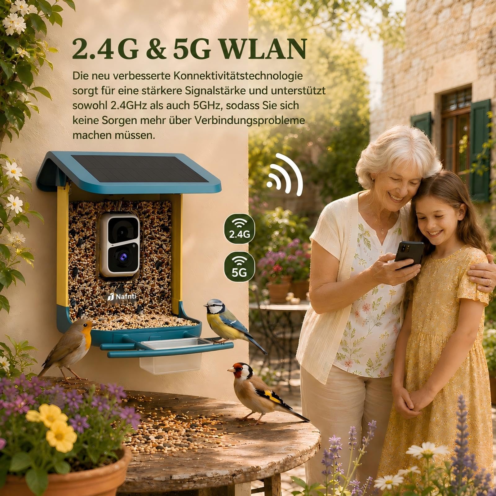 2K Vogelhaus mit Kamera, solarbetrieben, KI identifiziert über 10.000 Vogelarten, 1.8L, IP65 wasserdicht, 2,4 GHz/5 GHz, Vogelbox-Kamera mit Vollfarb-Nachtsicht, Geschenk für Vogelliebhaber
