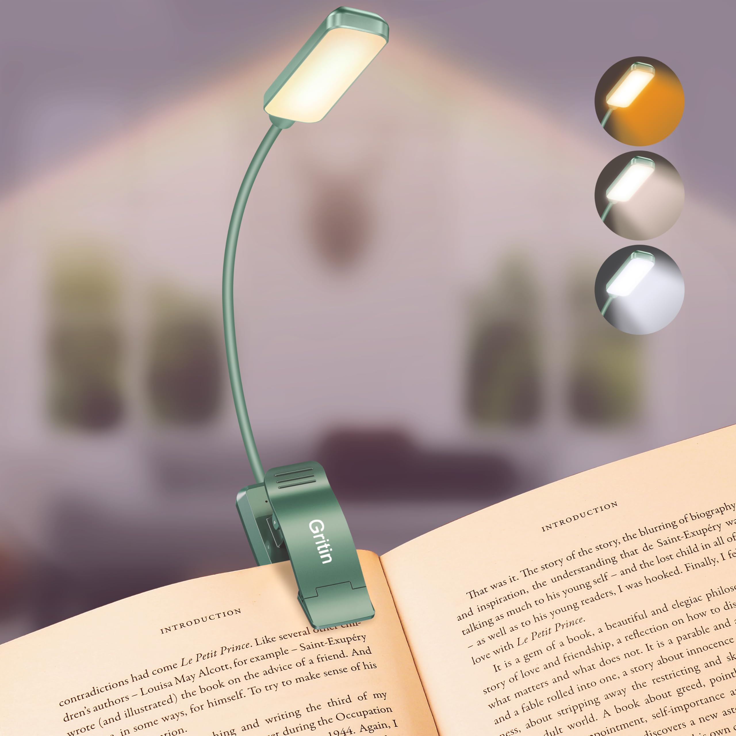 Gritin Leselampe Buch Klemme, Buchlampe, 3 Farbtemperatur Modi, Stufenlose Helligkeit Klemmlampe, USB Wiederaufladbare Klemmleuchte, 360° Flexibel für Nachtlesen ins Bett, beim Reisen usw.
