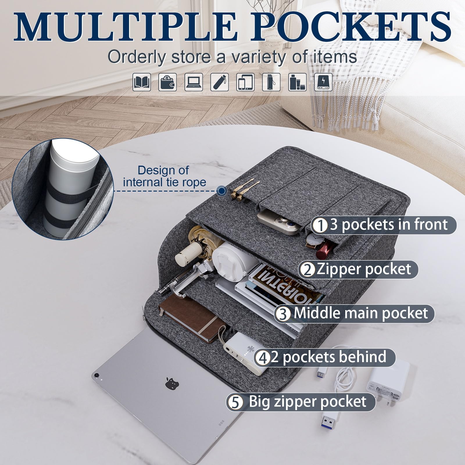 Organizador de Almacenaje y Fieltro para Mochila, Organizador de Bolso, Gris, X-Large