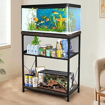 Aquarium Stand 10-20 Gallon Metal Aquarium Stand Table with 2 Tier Storage Shelves 4 Leg Reptile Tank Stand 25.5"L x 12.6"W x 30.9"H Black