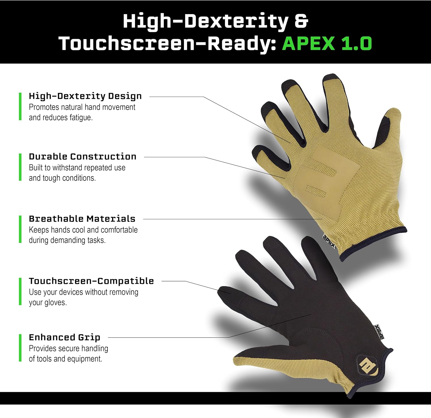 APEX 1.0 High Dexterity Gloves for Multi Sport, Hunting, Shooting, Outdoor Protection, Tactical, Full Finger, Snug Secure Fit, Breathable Design