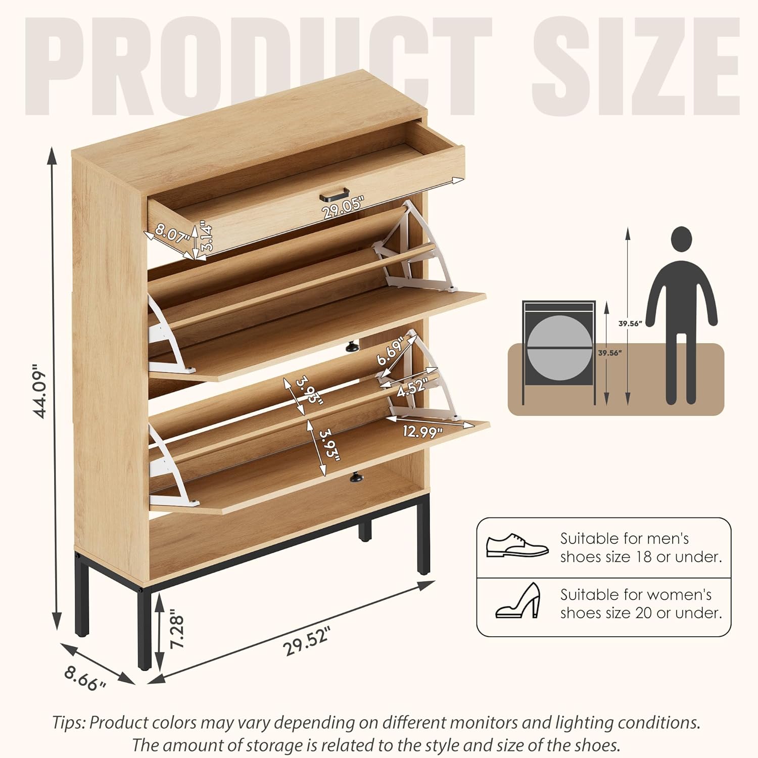 Brafab Shoe Storage Cabinet with 2 Flip Drawers&1 Small Drawer, Slim Entryway Shoe Organizer with Sun Pattern Doors for Sneakers,Light Beige
