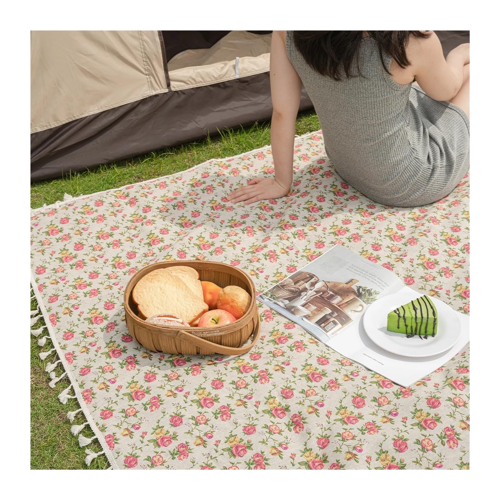 Couverture Pique Nique Tapis de Pique-Nique Pliable Style Campagne Rose, idéal for Les Voyages à la Plage, Le Camping et la randonnée.(140x220)