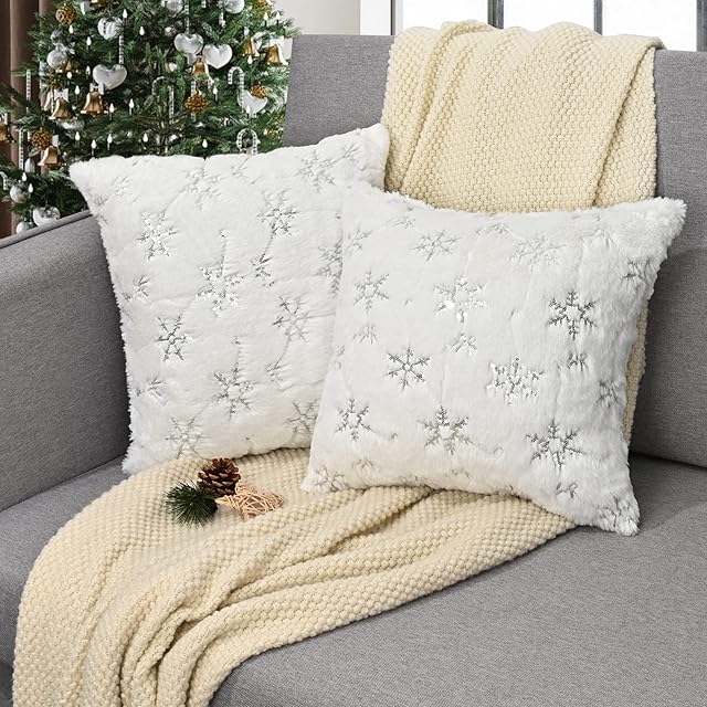 Alishomtll Set of 2 Faux Fur Cushion Covers Silver Snowflake Sequin Pillow Cases Fluffy Christmas Decorative Cushion Cases for Sofa Bedroom Party White 45 X 45 cm