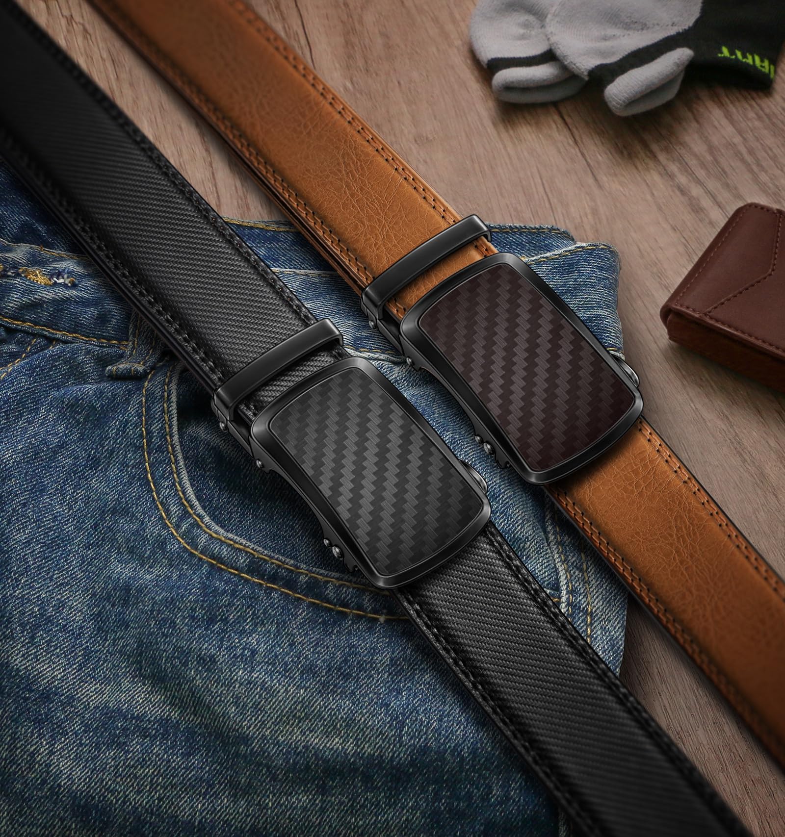KEMISANT Gürtel Herren 2er, Ledergürtel Gürtel Ratsche 35mm,Größe Angepasst | Automatikschließe Gürtel für Herren mit Geschenkbox