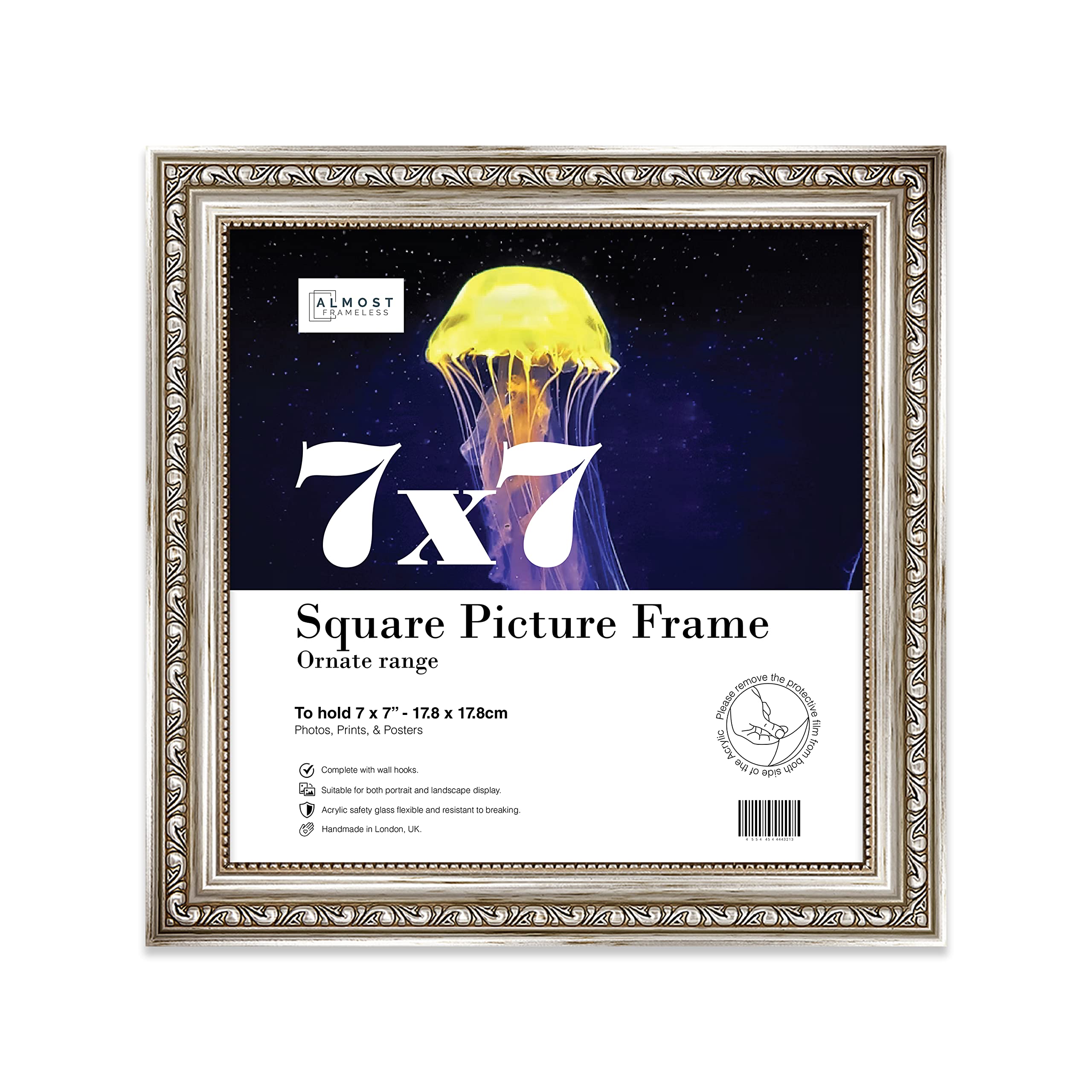 Almost Frameless 7x7 Silver Ornate Picture Frame 7"x7" (17.8x17.8cm) Poster, Photo, Artwork, or Print. Baroque Style Portrait and Landscape Display with Wall Hooks