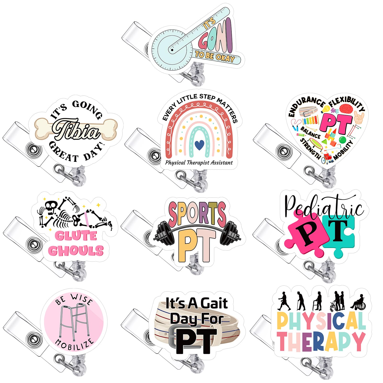 Landical 10 Pcs Physical Therapy Badge Reel Funny PT Badge Clip Holder Retractable Name Card Holder Physical Therapist PTA Gifts Physiotherapy