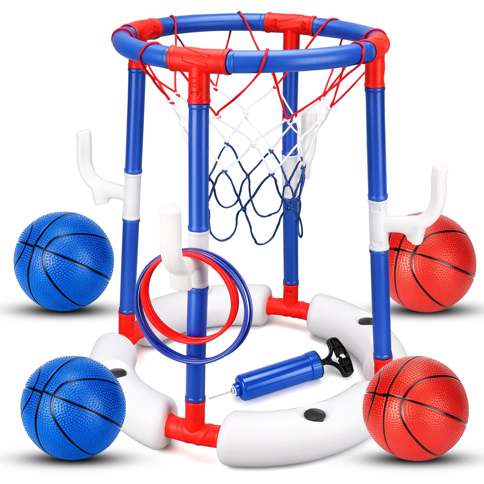 Canestro galleggiante da pallacanestro, base stabile riempibile con acqua, 2 in 1, per bambini dai 3 anni in su, include 4 palline, 6 anelli e pompa, regalo estivo per feste in piscina