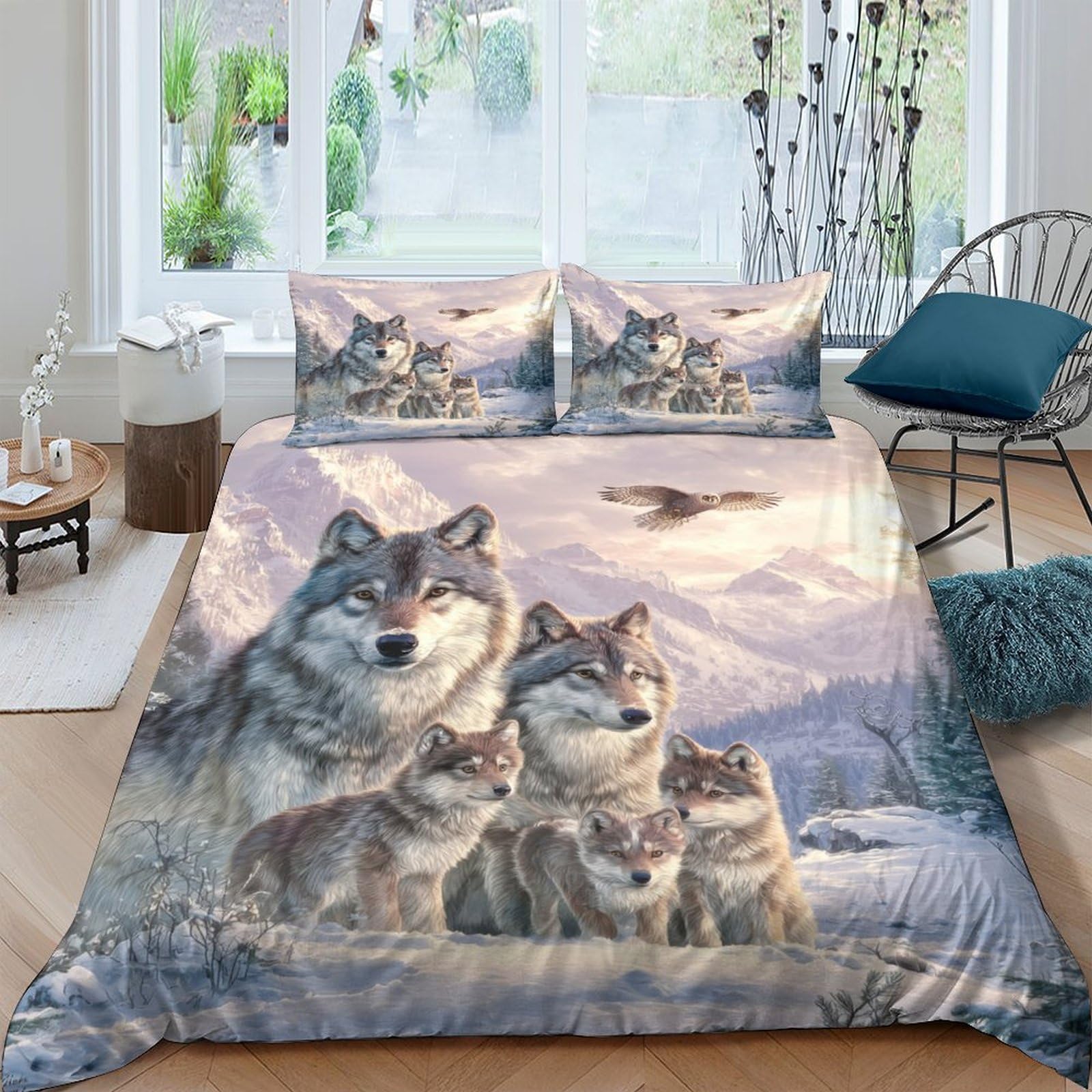 GPLZQXKJNH 3D Printed Wolf Mountain Duvet Cover Microfiber Soft Breathable Forest Wildlife Bedding Set with 2 Pillowcases for Bedroom Decor Single（135x200cm）