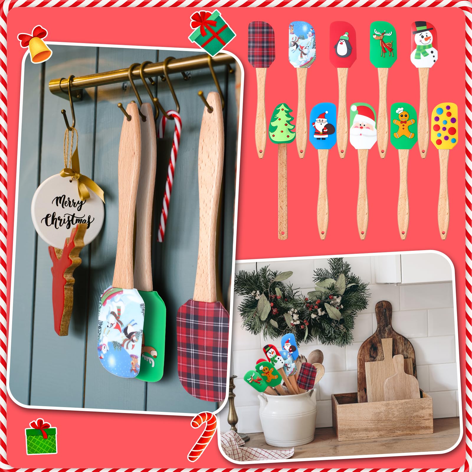 Patelai 10 espátulas de silicona de Navidad con mango de madera, muñecos de nieve, espátulas para panqueques, bonitos raspadores de sartenes, espátulas de cocina para cocina, mezclar y hornear (estilo