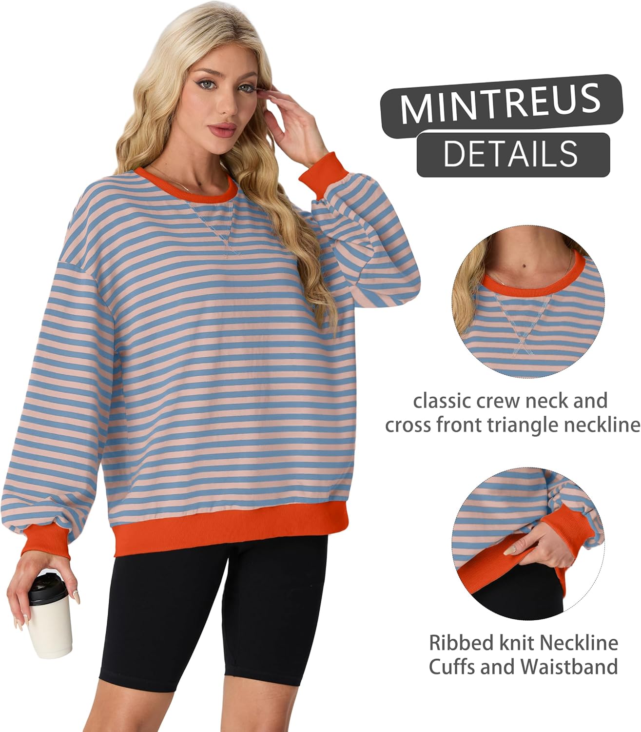 Women Sweatshirt Striped Crew Neck Oversized Long Sleeve Sweatshirt Color Block Loose Pullover - Image 3