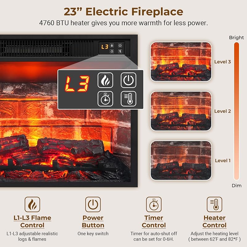 Corner TV Stand with Electric Fireplace, Black image 6