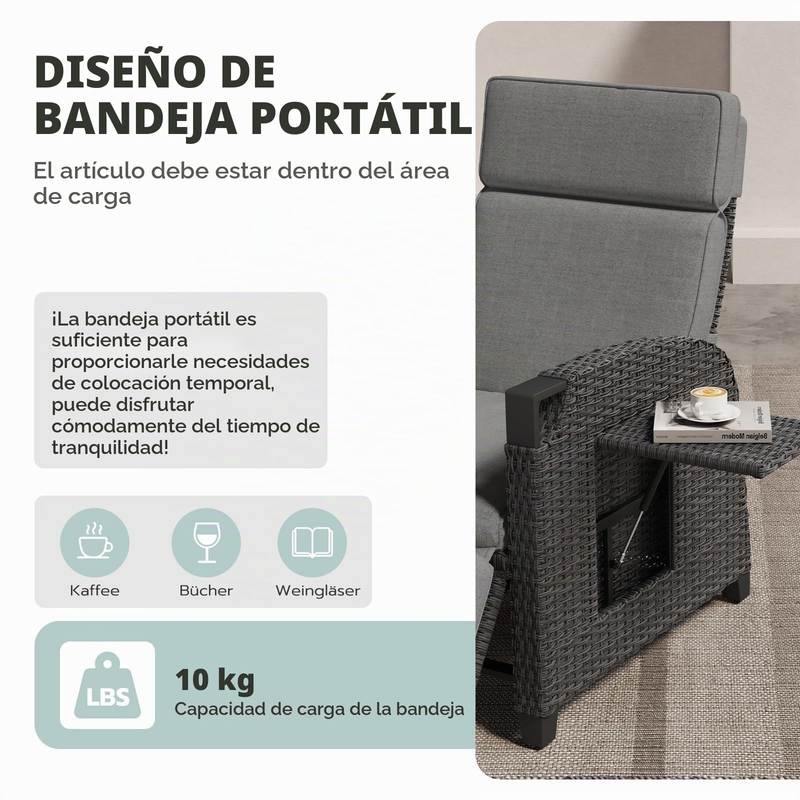 UDPATIO Sillón Ratán Jardin Exterior Reclinable, Tumbona de Jardín Ajustable 150°, con Respaldo Ajustable, Fundas + Extraíbles Cojines, Impermeable, para Interior y Exterior - Gris