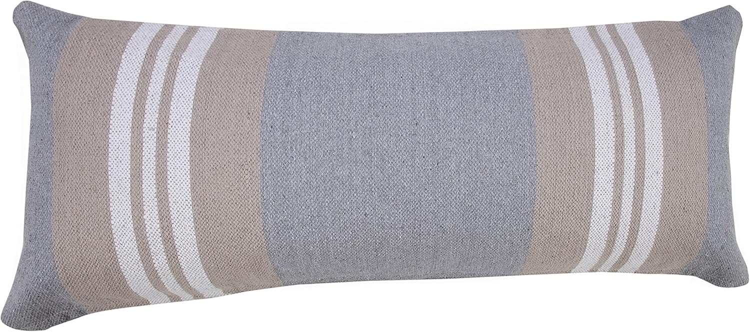 LR Home Classic Farmhouse Club Double Striped Lumbar Throw Pillow, Beige/Gray/White