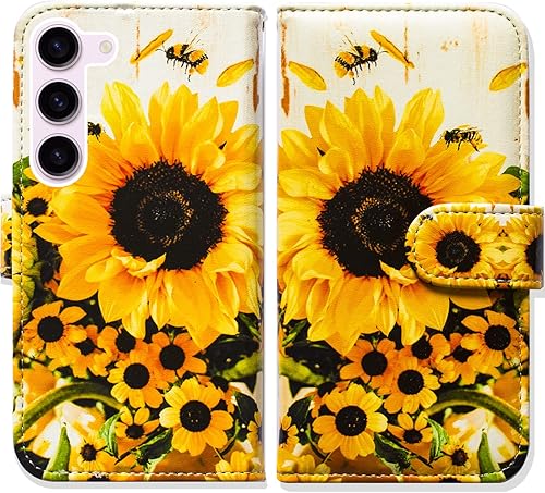 Bcov Funda para Galaxy S23 Plus, diseño de abeja de girasol con tapa para teléfono con ranura para tarjeta y soporte para Samsung Galaxy S23 Plus