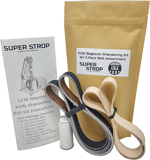 1X30 Super Strop Beginner Knife Sharpening Belt Kit W/ 5 Pack Sanding Belt Assortment and 1X30 Leather Honing Belt Detailed Instructions Included