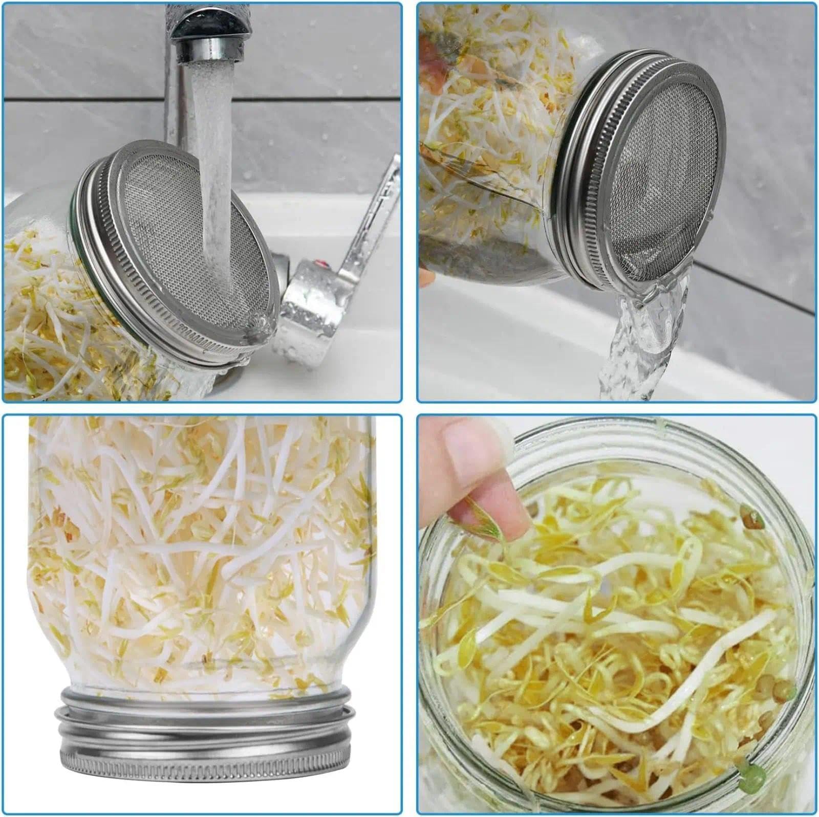 Bocal de Germination, 2 x 1000ml Germoir en Verre Bocal à Germes avec 2 Couvercle à Grille en Acier Inoxydable, 2 Support, 2 Plateau, kit de Bocal à Germes pour Brocoli Luzerne Haricots Verts