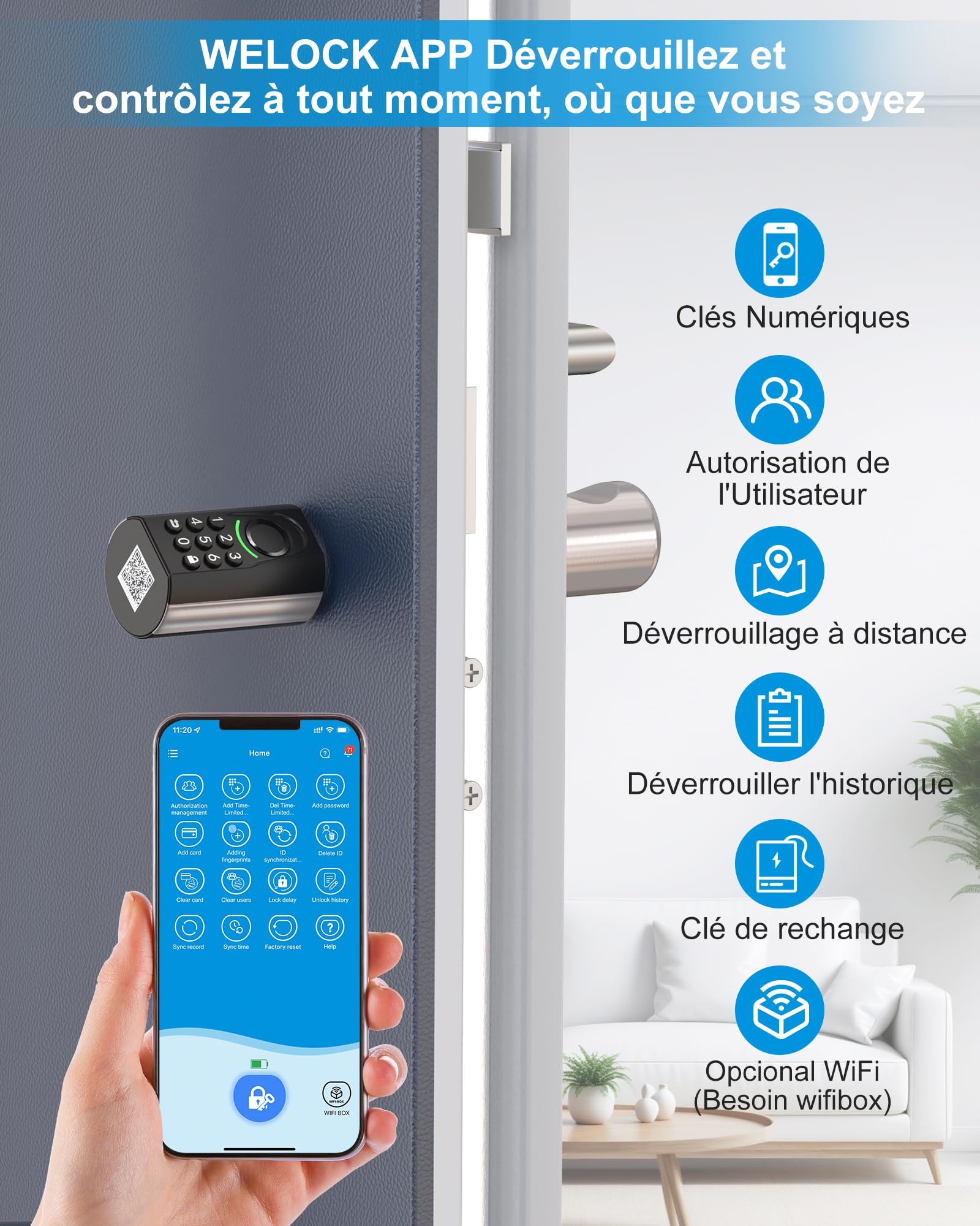 WELOCK ToucA71 Serrure Connectée,Serrure Empreinte Digitale avec Code,RFID Carte,APP,serrure à code WiFi(Besoin welock wifibox),Cylindre Connecté pour porte de 60-90mm,Facile à installer,Smart Lock