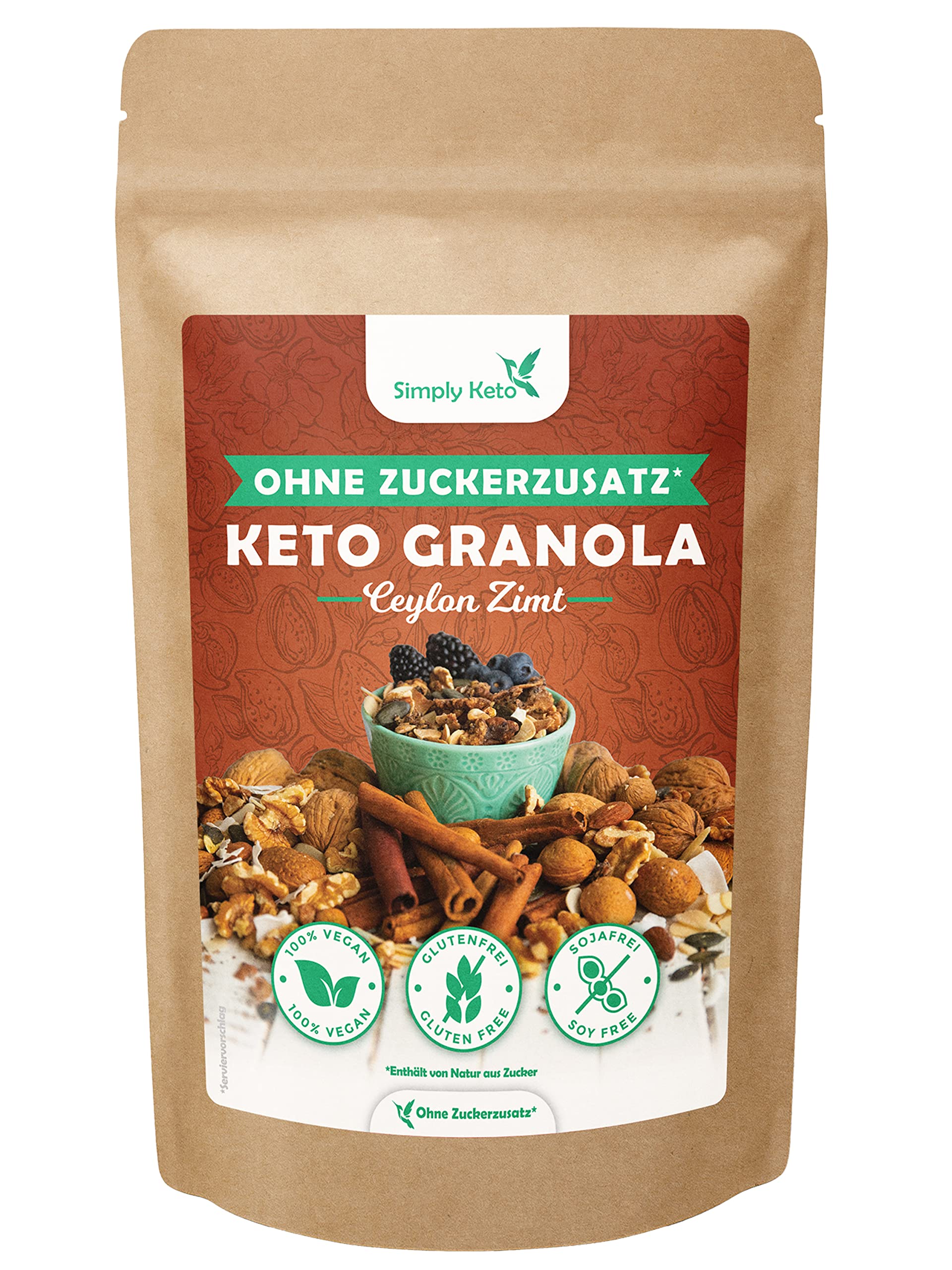 Simply Keto Muesli Crujiente Canela - Muesli Bajo en Carbono sin Azúcar - 500g Delicioso Muesli Keto para un Desayuno Perfecto - Paleo y Vegano - Sin Soja, Lactosa y Gluten - 500g