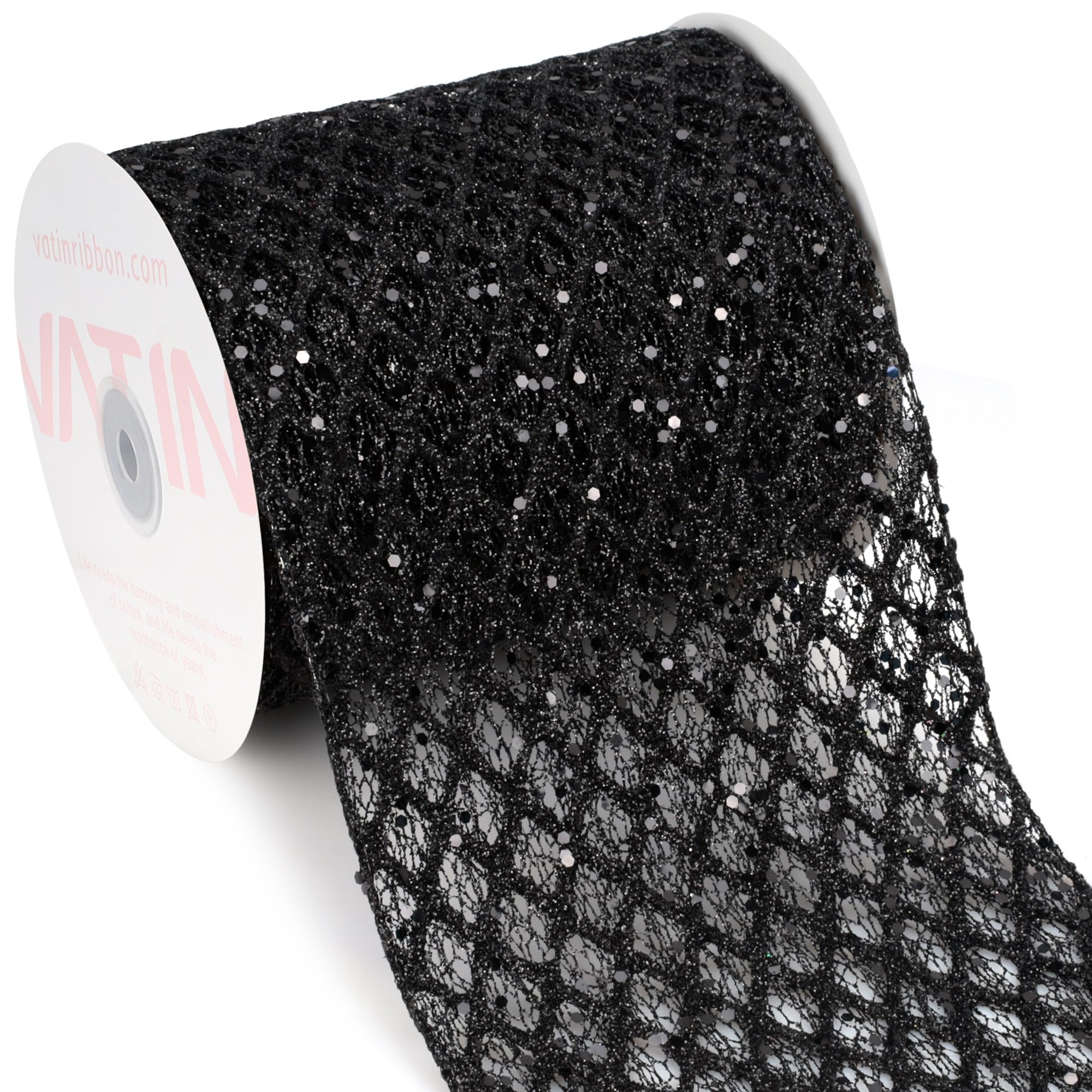VATIN Black Wired Ribbon 16cm x 9 Metres Glitter Wired Ribbon Christmas Decorations Sparkle Ribbon for Wreath Supplies, Christmas Tree Bow, Crafts